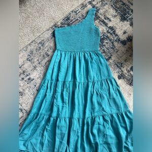 Turquoise one shoulder midi dress